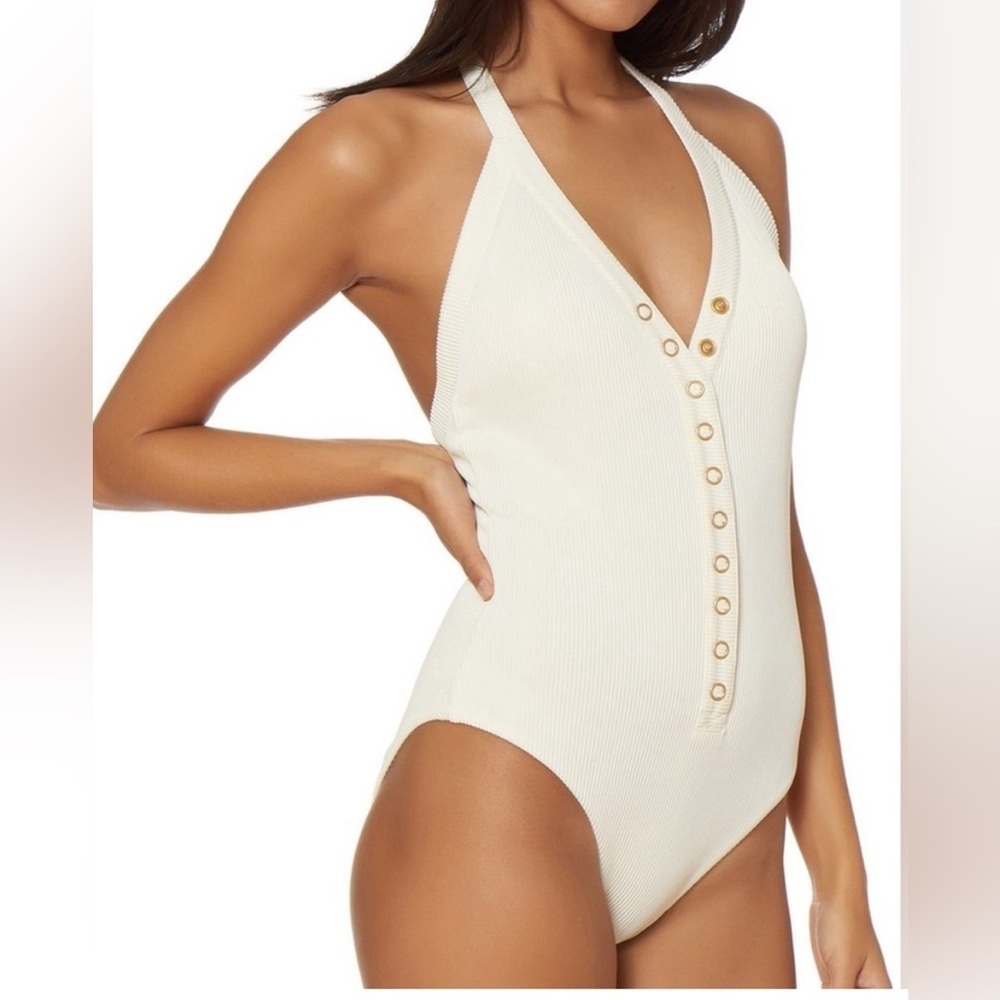 Dolce Vita Ribbed Button Down Cream One Piece Bathing Suit Size L EUC